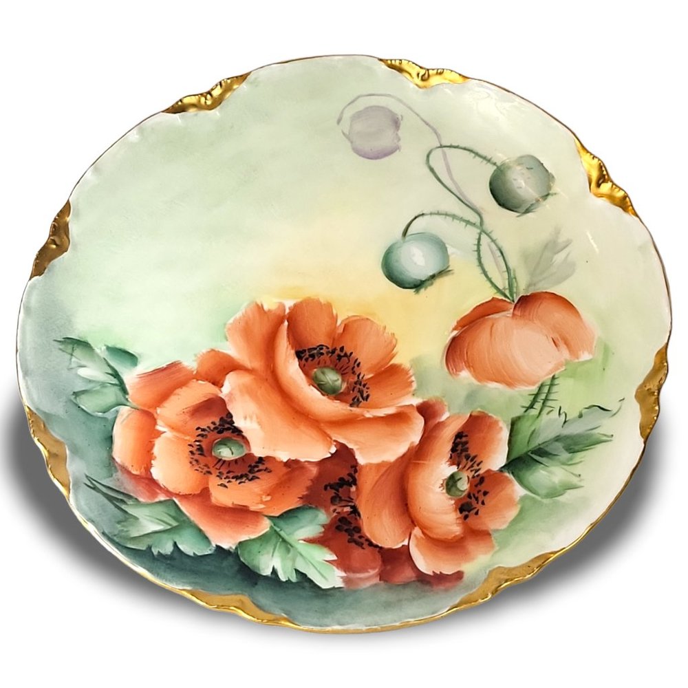 1930's Haviland Limoges Hand Painted Poppies Plate with Gold Accents